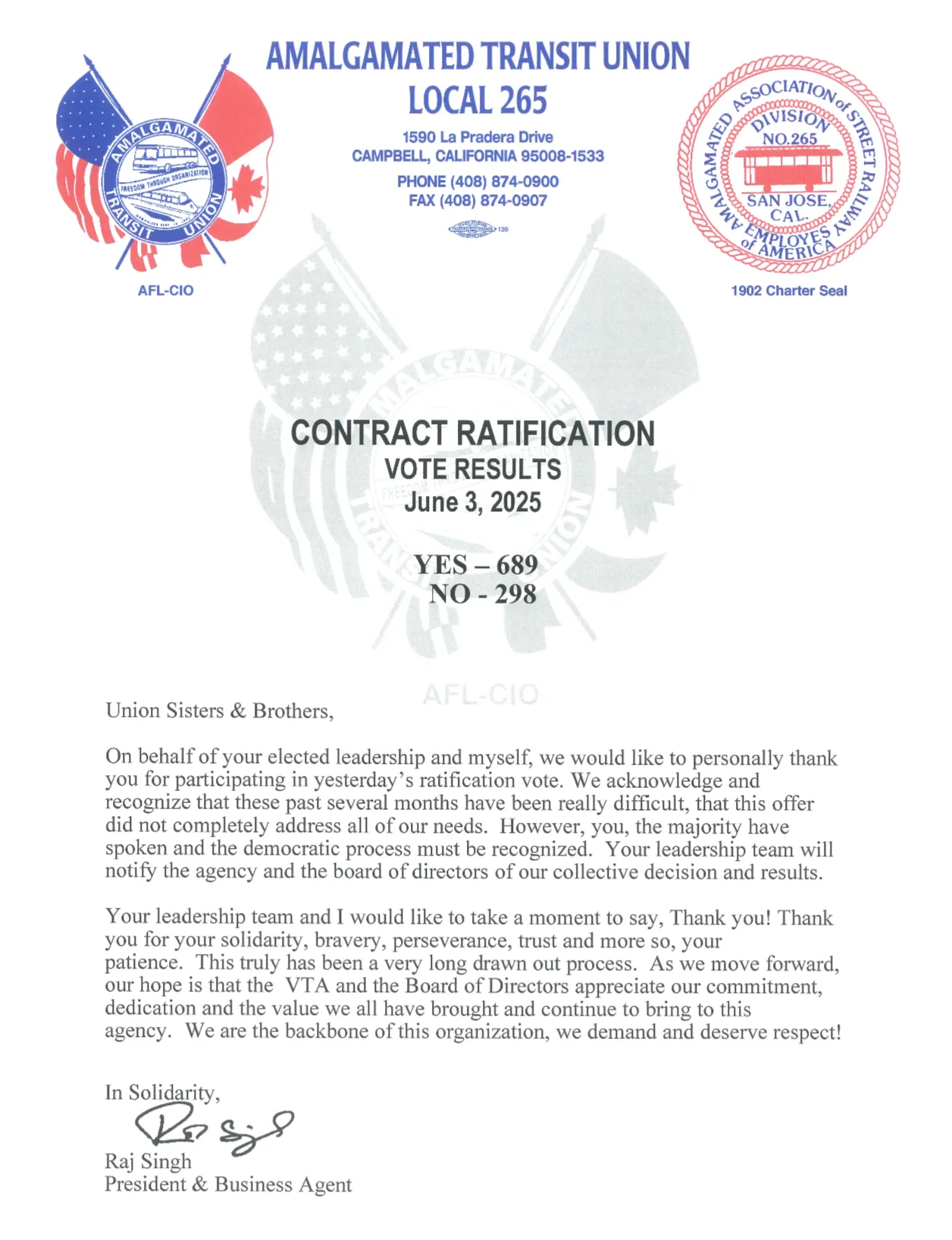 Contract Ratification Vote Results